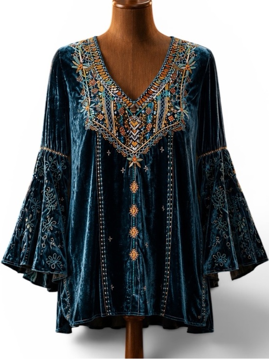 Johnny Was Tops - Johnny Was Chiri heavily embroidered velvet swing blouse RARE color